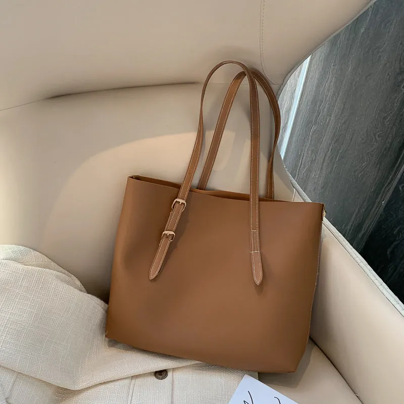 PU leather bucket tote bag for women in khaki, with wide opening and plain design