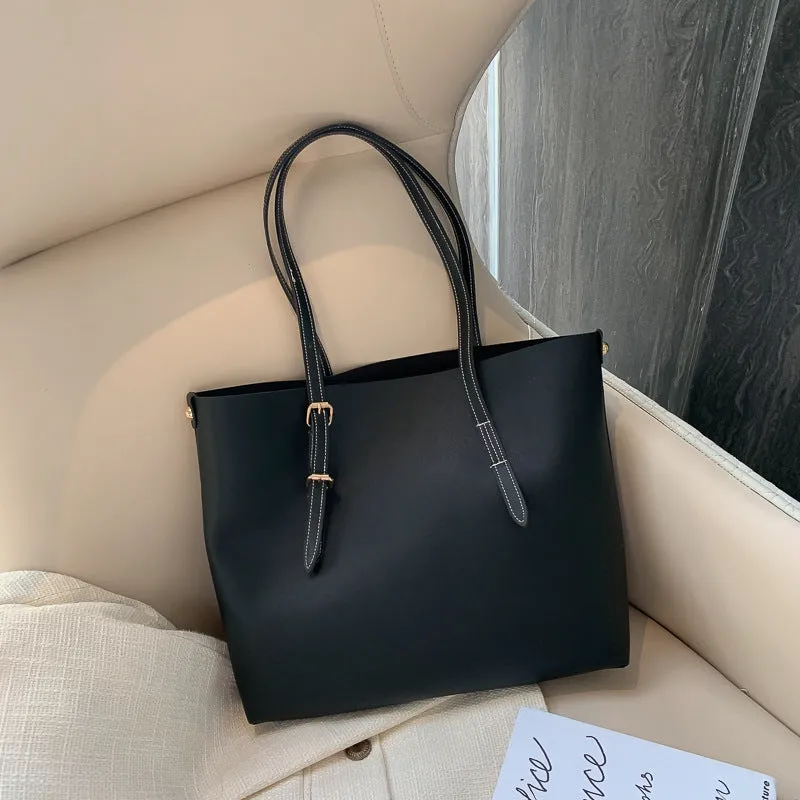 PU leather bucket tote bag for women in khaki, with wide opening and plain design