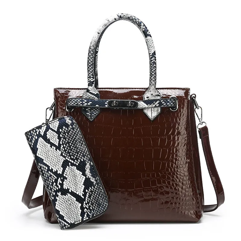 Ladies PU leather handbag with geometric stitching and zipper closure in horizontal square shape
