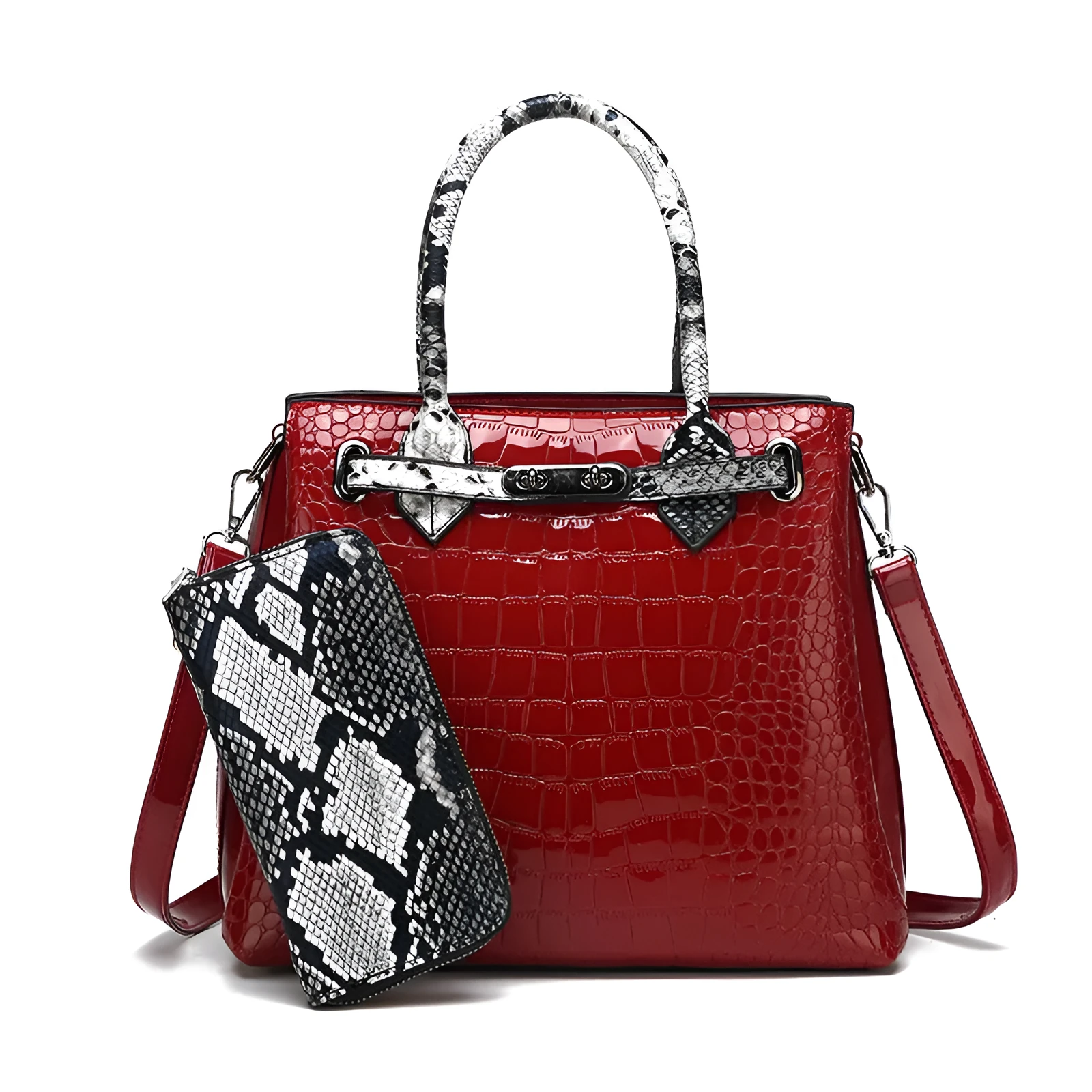 Ladies PU leather handbag with geometric stitching and zipper closure in horizontal square shape
