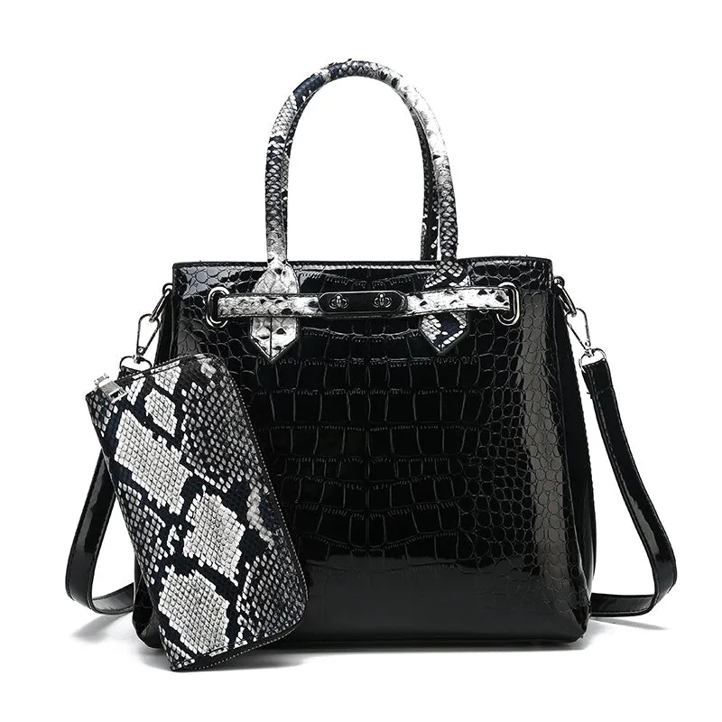 Ladies PU leather handbag with geometric stitching and zipper closure in horizontal square shape