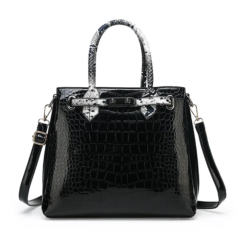 Ladies PU leather handbag with geometric stitching and zipper closure in horizontal square shape