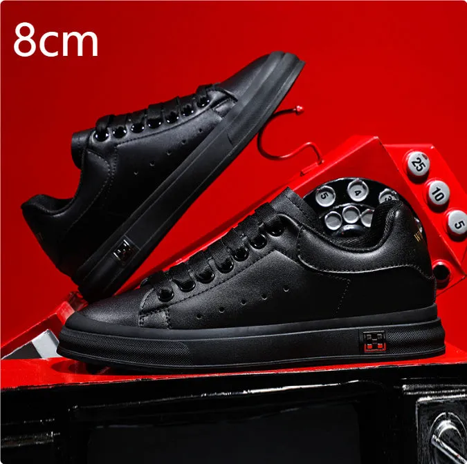 Men's height increasing leisure sneakers, black, 6cm hidden elevator, round toe, lace-up front