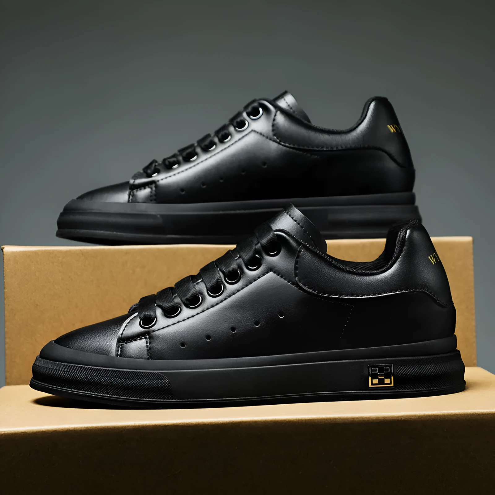 Men's height increasing leisure sneakers, black, 6cm hidden elevator, round toe, lace-up front