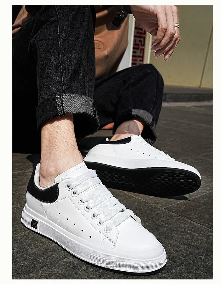 Men's height increasing leisure sneakers, black, 6cm hidden elevator, round toe, lace-up front