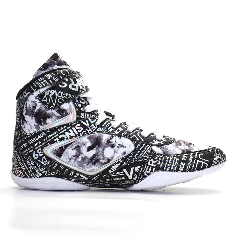 Men's high-top boxing shoes with graffiti style, black colour, front lace-up closure, mesh upper, and rubber outsole on a flat surface.