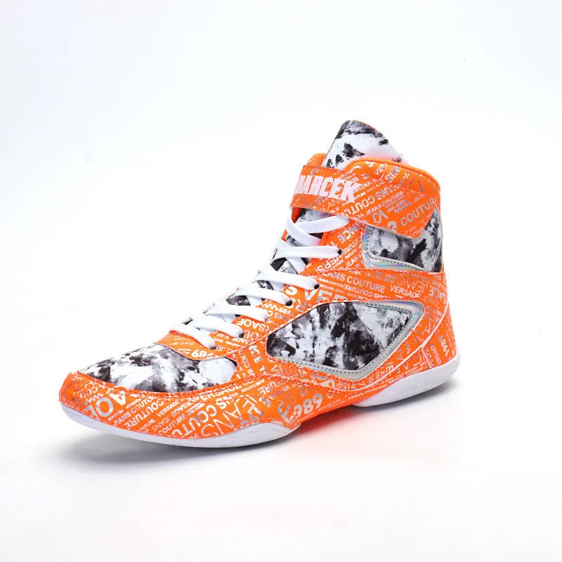Men's high-top boxing shoes with graffiti style, black colour, front lace-up closure, mesh upper, and rubber outsole on a flat surface.