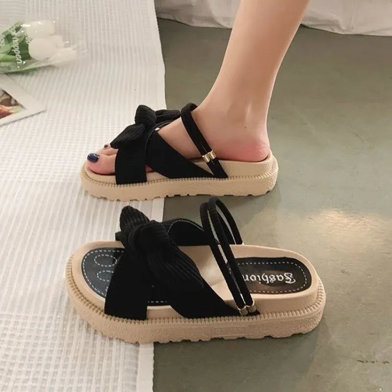 Women's two-wear flat platform sandals in green, beige, and black with 4.5cm heel and EVA upper