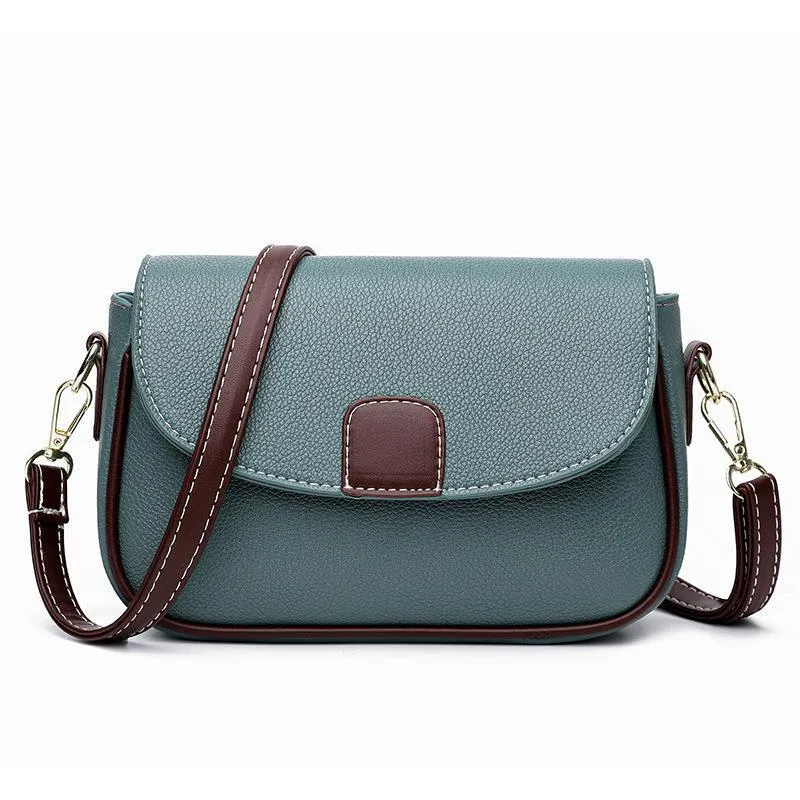 Small square PU crossbody bag with flap closure and adjustable strap in khaki, black, blue, yellow
