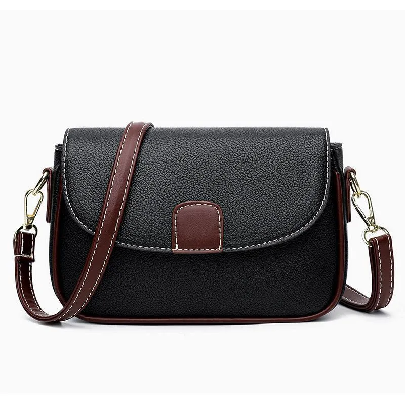 Small square PU crossbody bag with flap closure and adjustable strap in khaki, black, blue, yellow