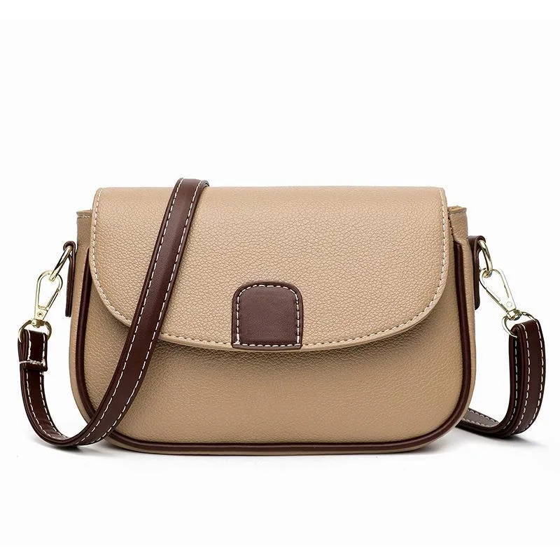 Small square PU crossbody bag with flap closure and adjustable strap in khaki, black, blue, yellow