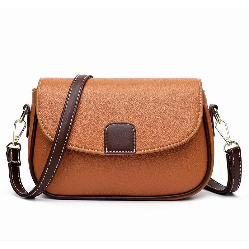 Small square PU crossbody bag with flap closure and adjustable strap in khaki, black, blue, yellow