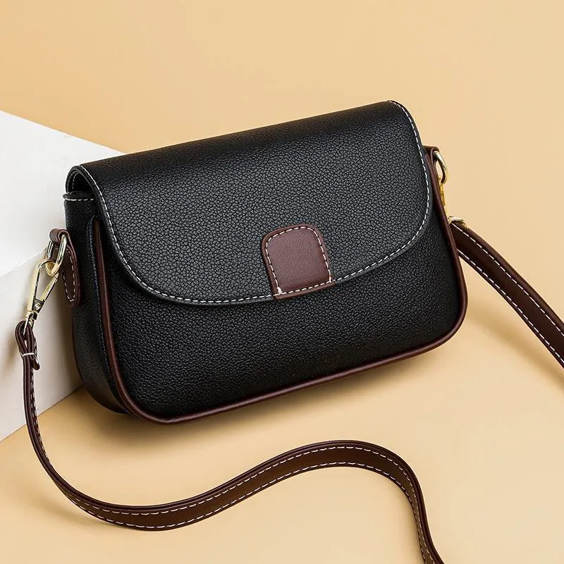 Small square PU crossbody bag with flap closure and adjustable strap in khaki, black, blue, yellow