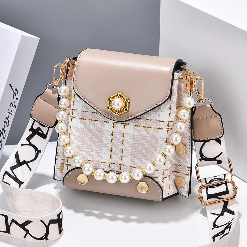 Women's crossbody phone bag in PU leather with pearl pendant and gold metal studs, magnetic flap closure