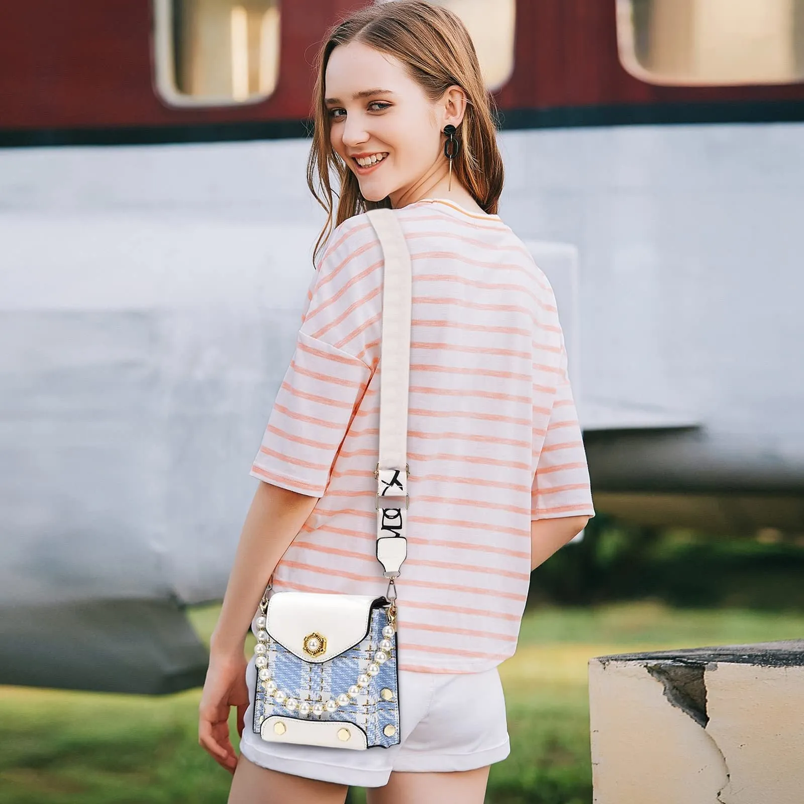 Women's crossbody phone bag in PU leather with pearl pendant and gold metal studs, magnetic flap closure