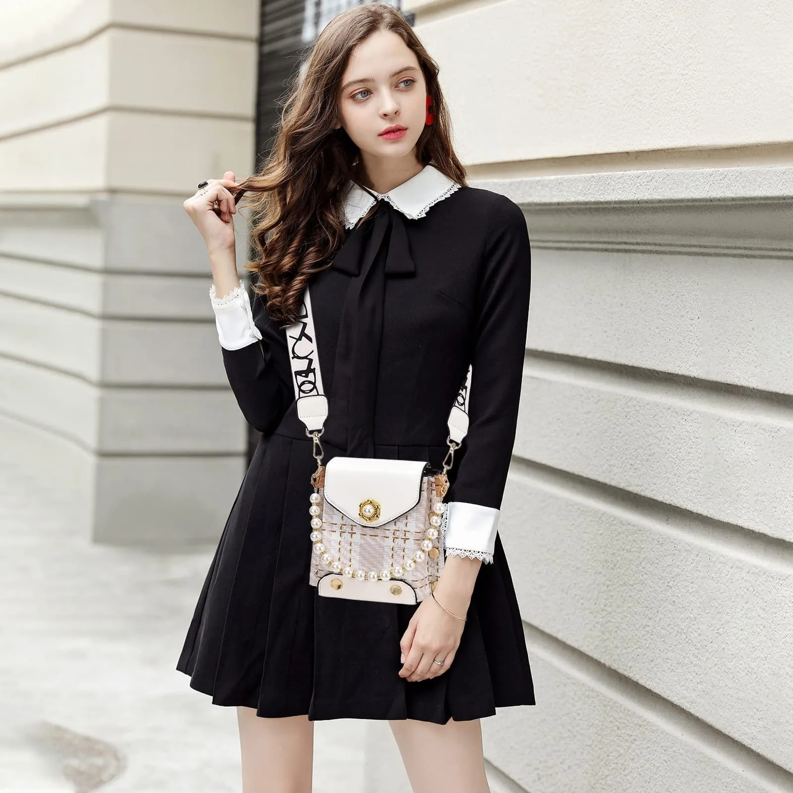 Women's crossbody phone bag in PU leather with pearl pendant and gold metal studs, magnetic flap closure