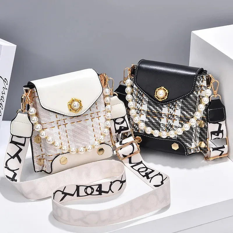 Women's crossbody phone bag in PU leather with pearl pendant and gold metal studs, magnetic flap closure