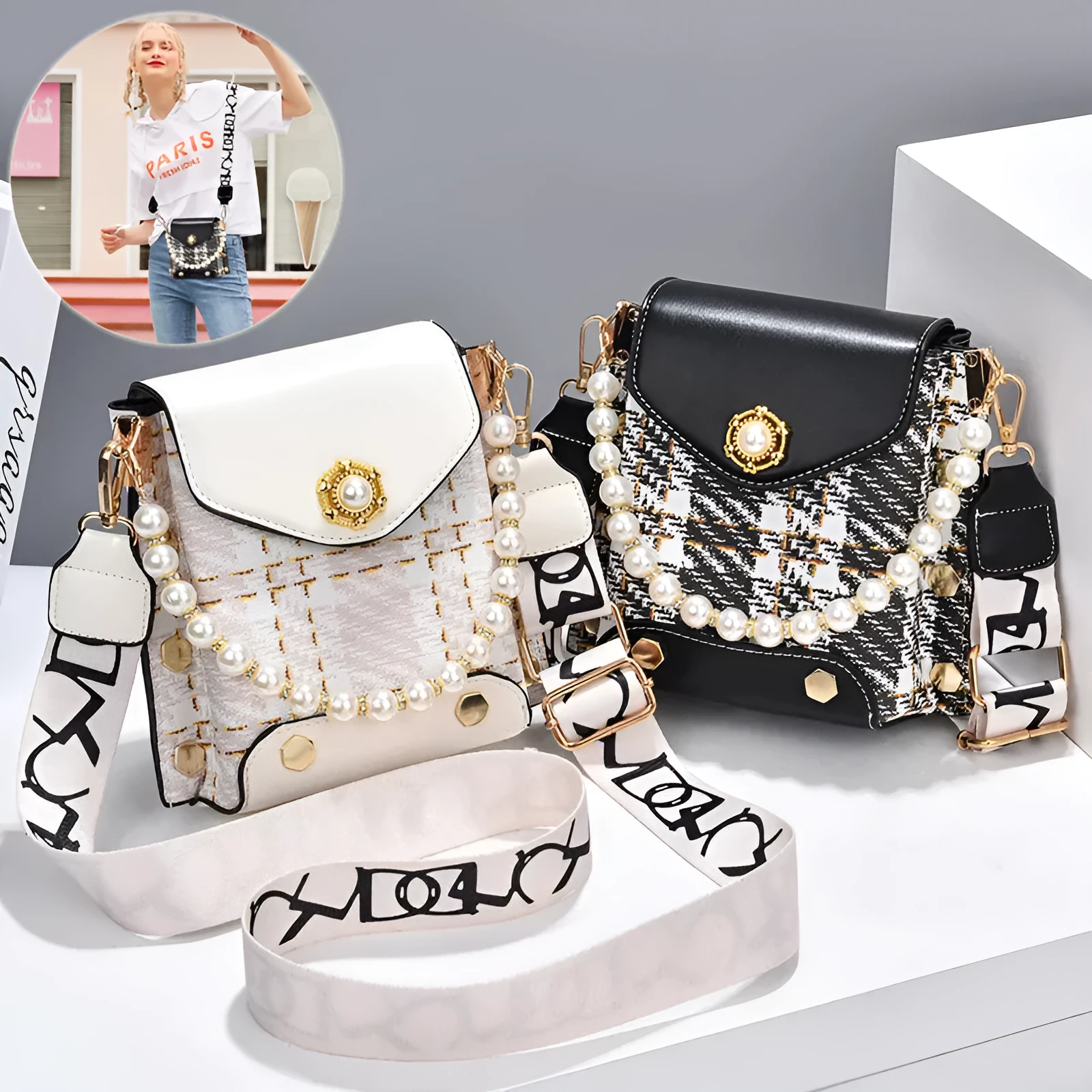 Women's crossbody phone bag in PU leather with pearl pendant and gold metal studs, magnetic flap closure