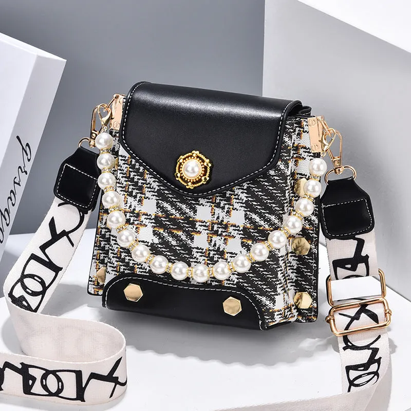 Women's crossbody phone bag in PU leather with pearl pendant and gold metal studs, magnetic flap closure