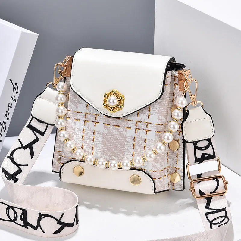 Women's crossbody phone bag in PU leather with pearl pendant and gold metal studs, magnetic flap closure