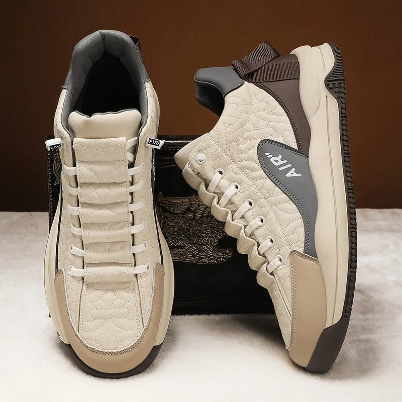 Men's sport platform heightening shoes in beige artificial PU with chunky sole, daddy-shoe style