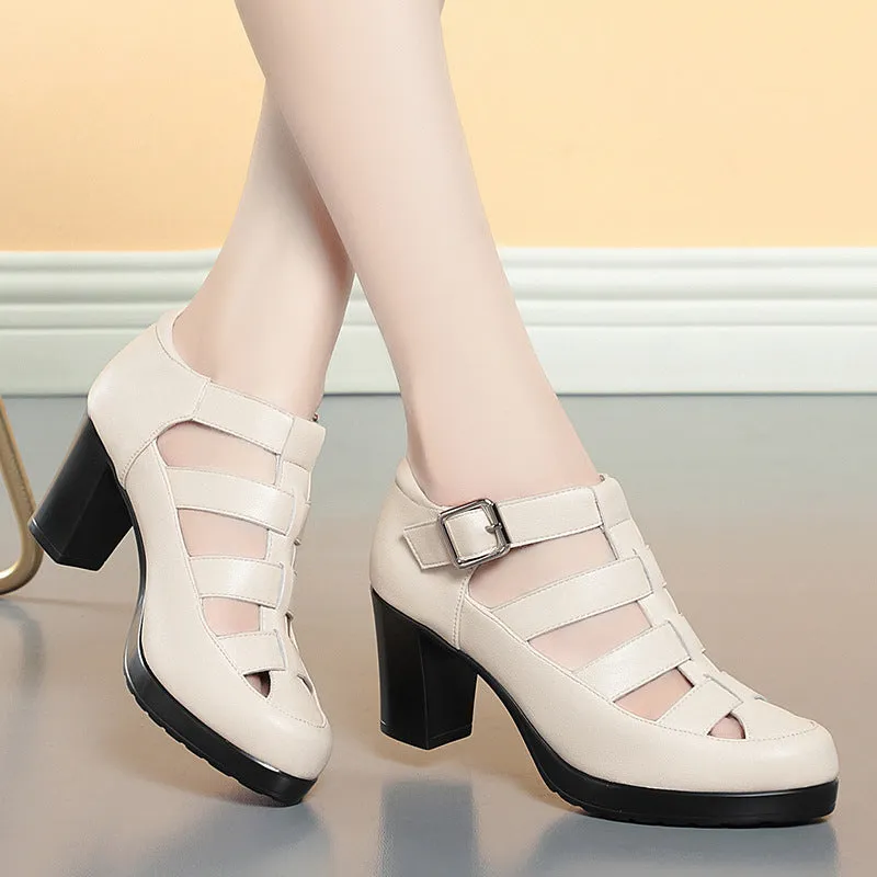Women's closed toe sandal with chunky heel, woven upper, ankle strap, and back zipper.
