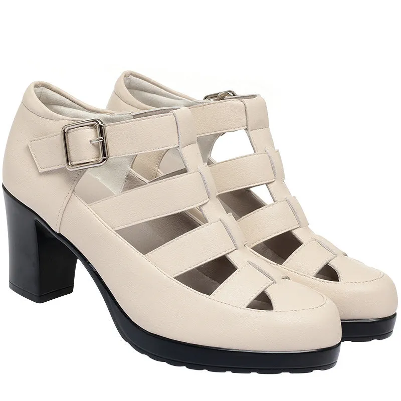 Women's closed toe sandal with chunky heel, woven upper, ankle strap, and back zipper.