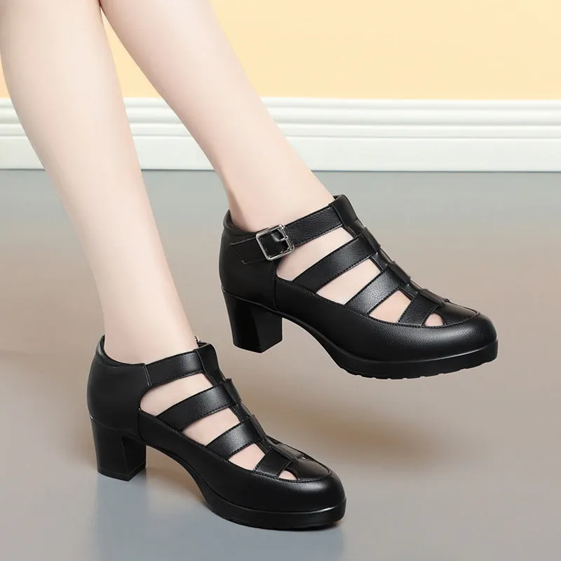 Women's closed toe sandal with chunky heel, woven upper, ankle strap, and back zipper.