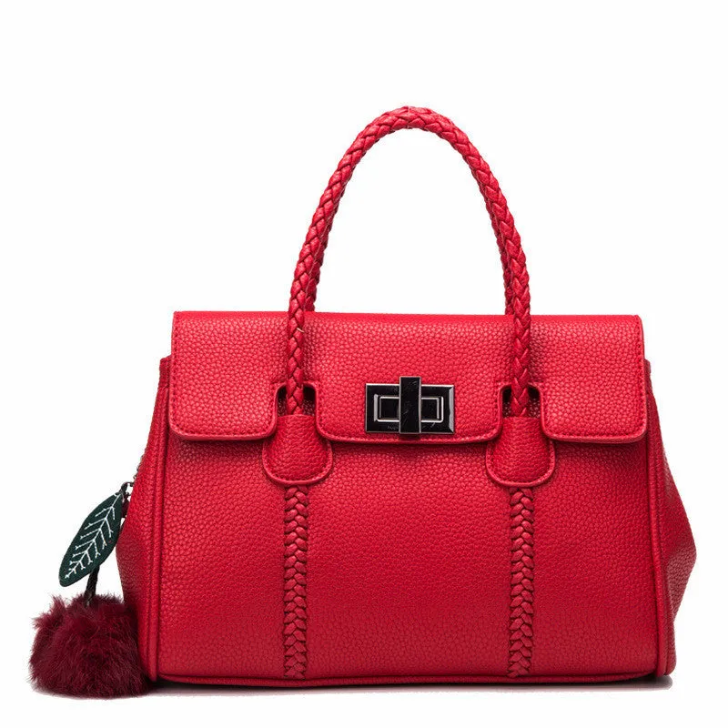 Women's lychee pattern cowhide leather handbag with crossbody strap, 31cm width, 13.5cm thickness, 22cm height, available in black colour option