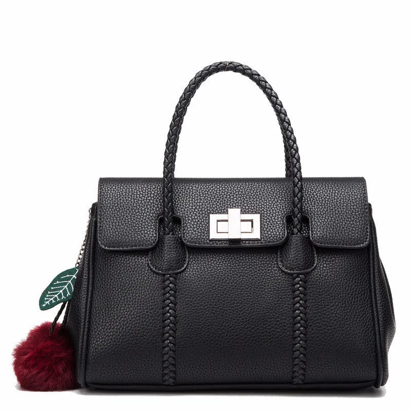 Women's lychee pattern cowhide leather handbag with crossbody strap, 31cm width, 13.5cm thickness, 22cm height, available in black colour option