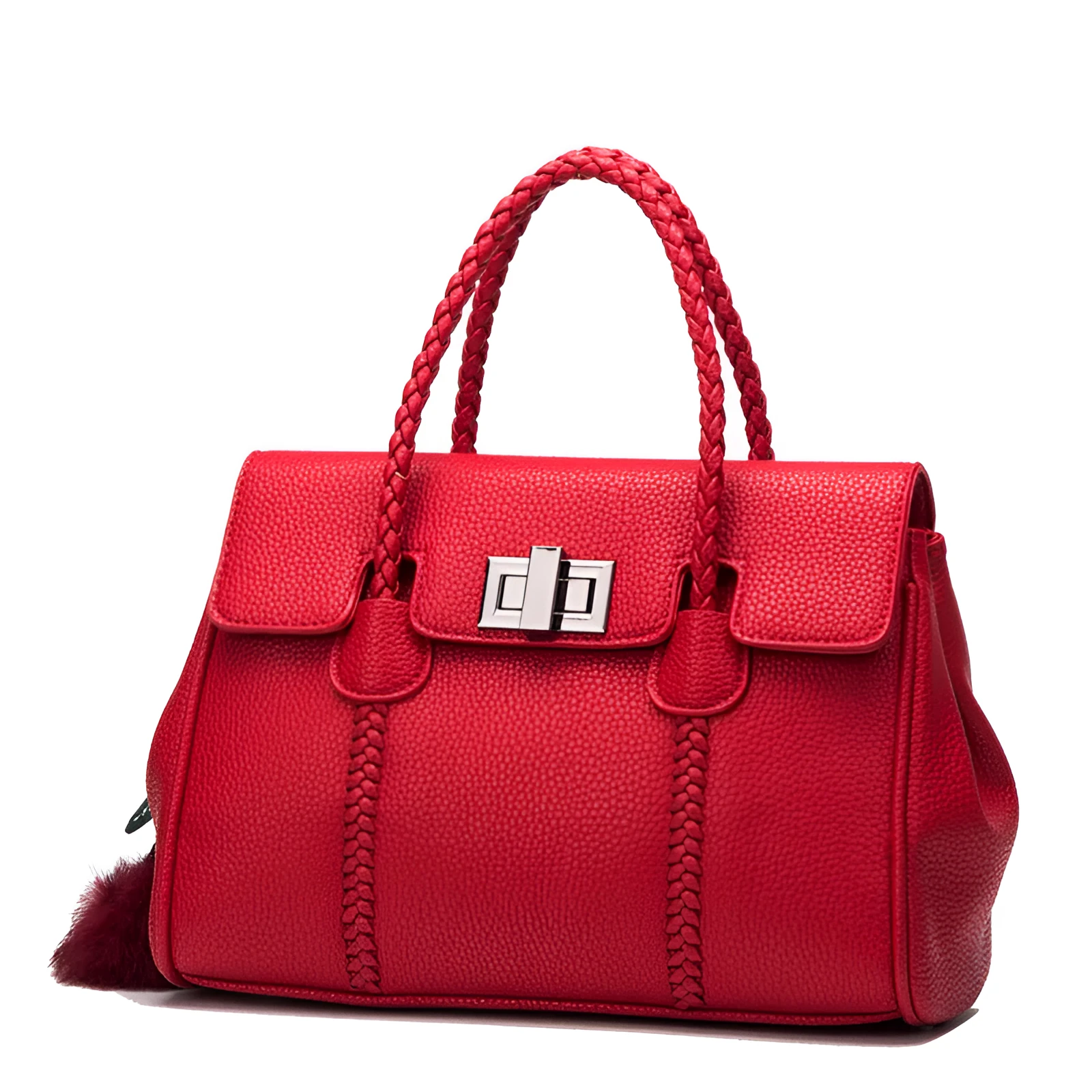 Women's lychee pattern cowhide leather handbag with crossbody strap, 31cm width, 13.5cm thickness, 22cm height, available in black colour option