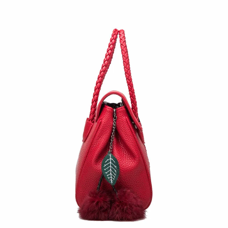 Women's lychee pattern cowhide leather handbag with crossbody strap, 31cm width, 13.5cm thickness, 22cm height, available in black colour option