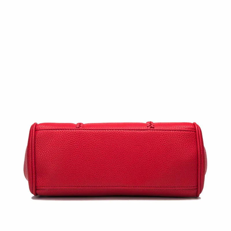 Women's lychee pattern cowhide leather handbag with crossbody strap, 31cm width, 13.5cm thickness, 22cm height, available in black colour option