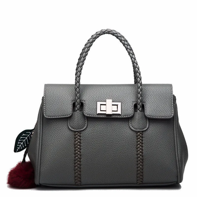 Women's lychee pattern cowhide leather handbag with crossbody strap, 31cm width, 13.5cm thickness, 22cm height, available in black colour option