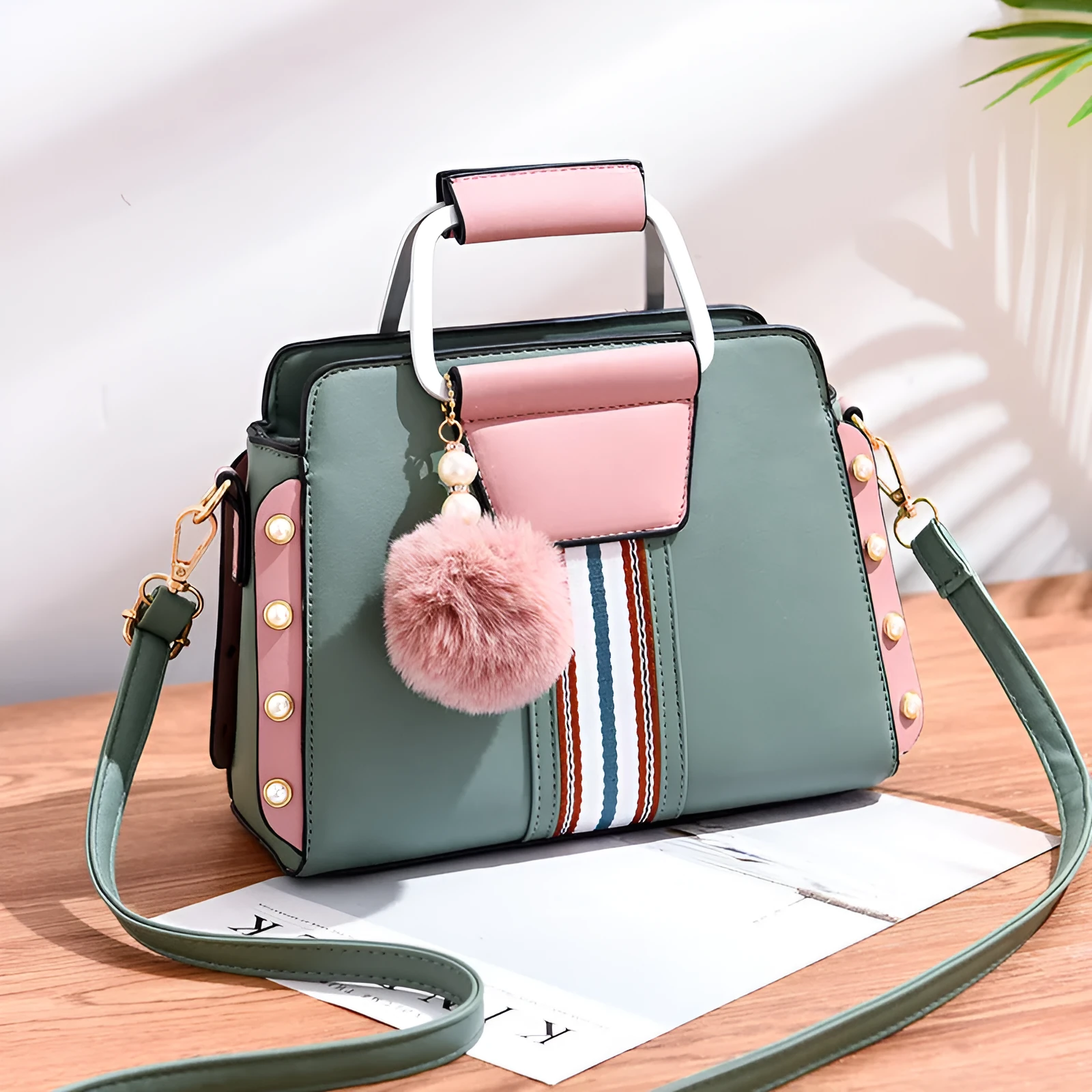 Women's soft PU leather shoulder bag with bead detail, flap shape, zip top, interior pocket, 24x12x18cm, mint colour