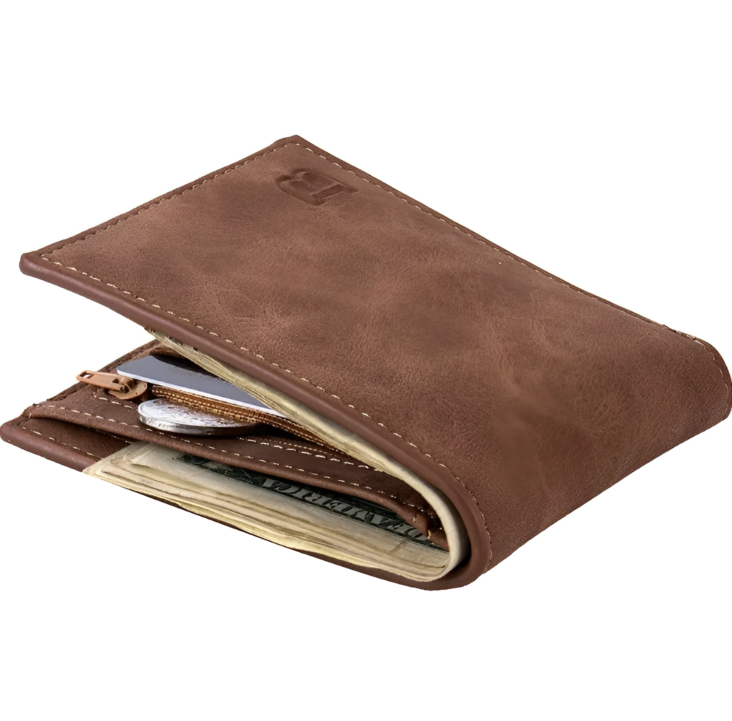 Baborry slim PU wallet with zippered coin bag and money clip in coffee colour