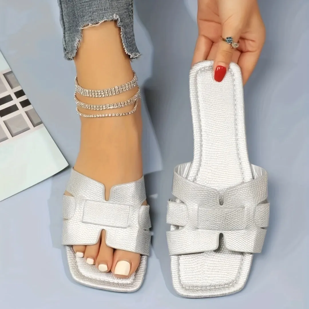 Women's square toe flat sandals with snakeskin pattern hollow out summer slides in black
