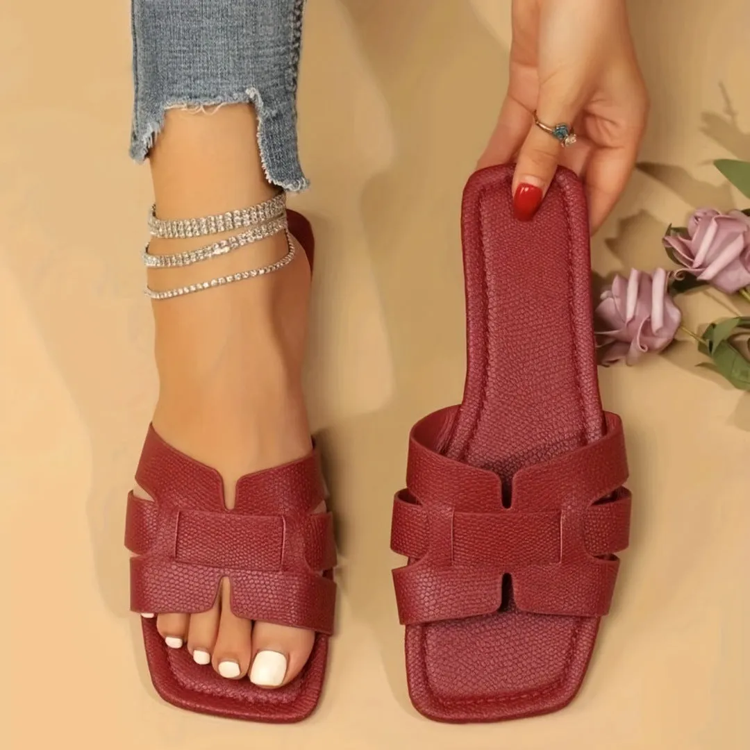 Women's square toe flat sandals with snakeskin pattern hollow out summer slides in black