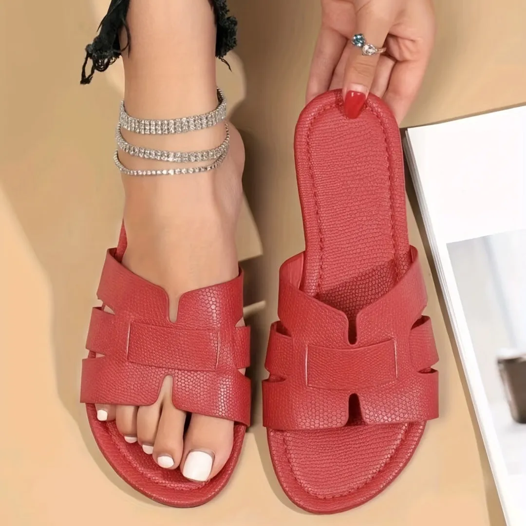 Women's square toe flat sandals with snakeskin pattern hollow out summer slides in black