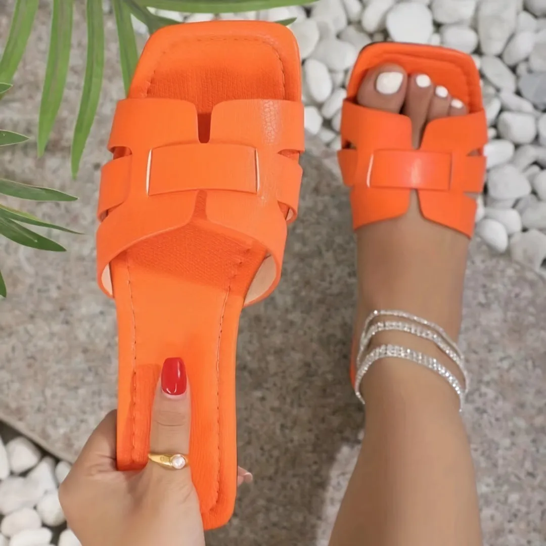 Women's square toe flat sandals with snakeskin pattern hollow out summer slides in black
