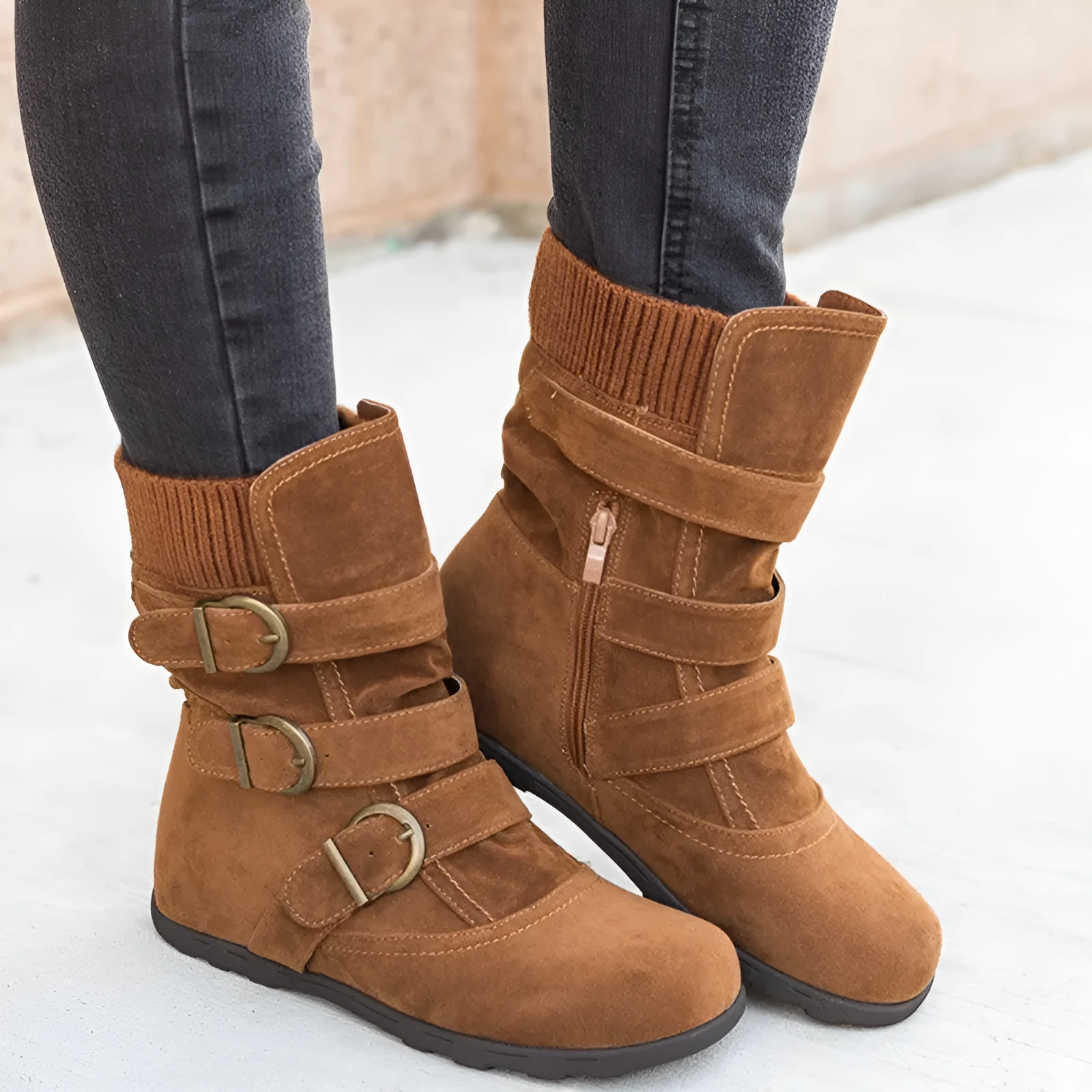Casual winter boots with strap buckle, round toe, flat heel, cotton lining, in black colour