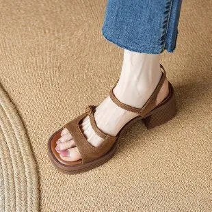Women's beige retro platform sandals with open square toe, 6cm heel, and adjustable ankle strap.