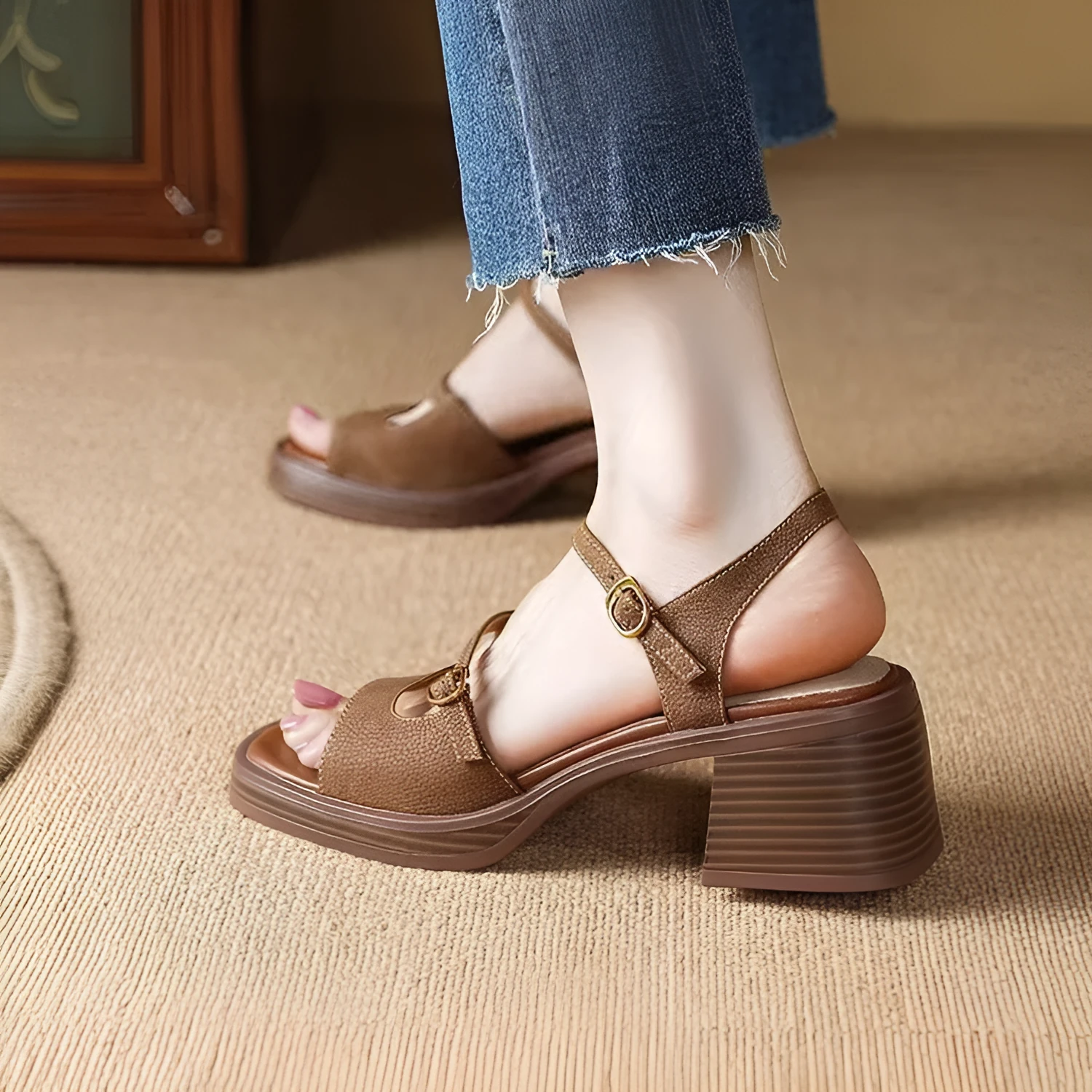 Women's beige retro platform sandals with open square toe, 6cm heel, and adjustable ankle strap.