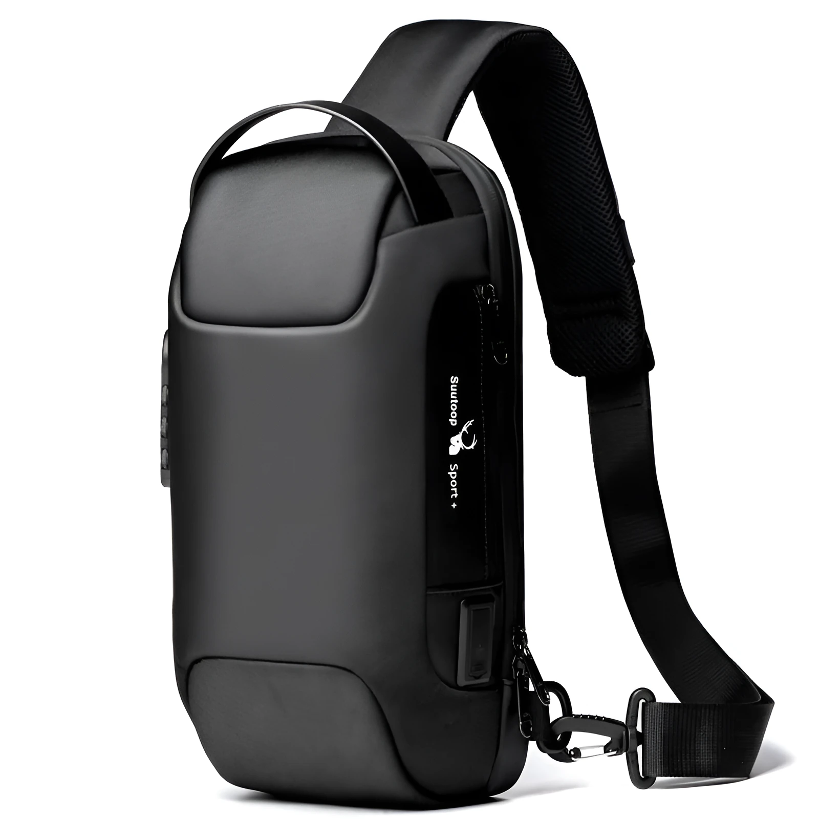 Men's anti-theft chest bag in Oxford cloth with combination lock and USB charging port, medium size, black colour