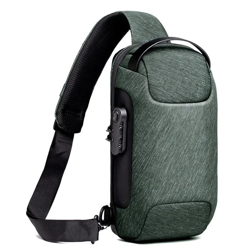 Men's anti-theft chest bag in Oxford cloth with combination lock and USB charging port, medium size, black colour