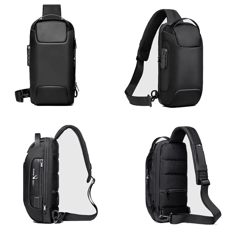 Men's anti-theft chest bag in Oxford cloth with combination lock and USB charging port, medium size, black colour