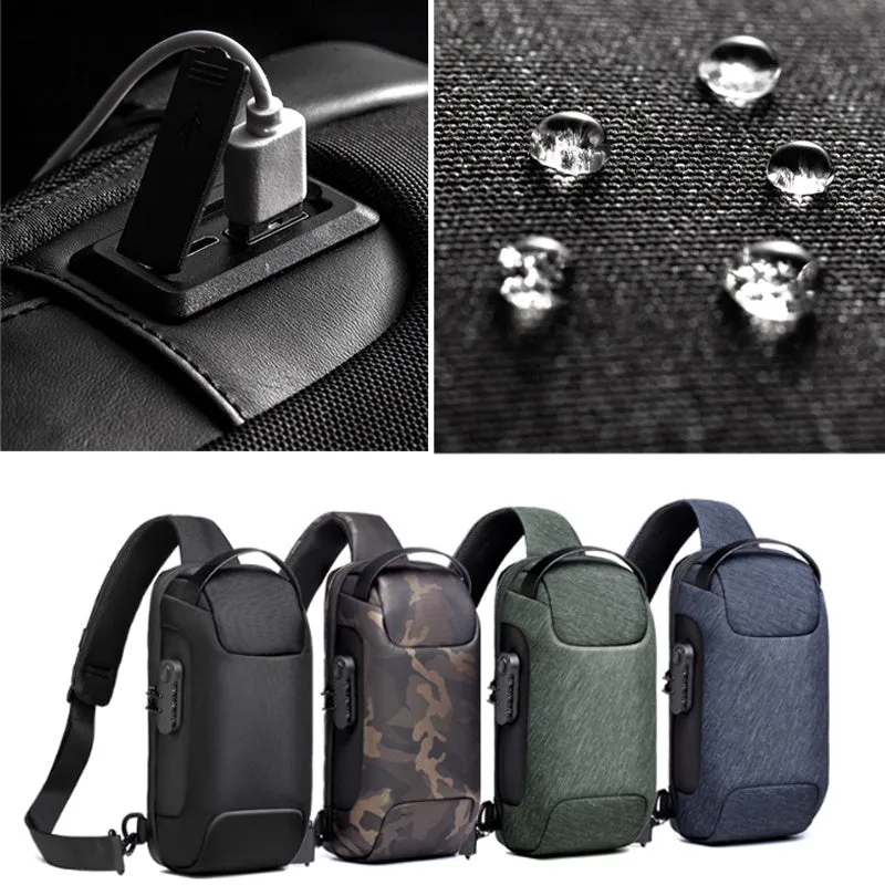 Men's anti-theft chest bag in Oxford cloth with combination lock and USB charging port, medium size, black colour