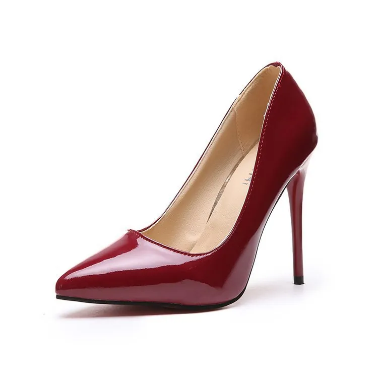 Women's high heel shoes with large heel, pointed toe, leather splicing, artificial PU vamp, solid colour, available in sizes 35-44