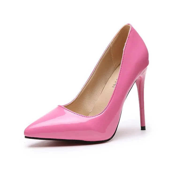 Women's high heel shoes with large heel, pointed toe, leather splicing, artificial PU vamp, solid colour, available in sizes 35-44