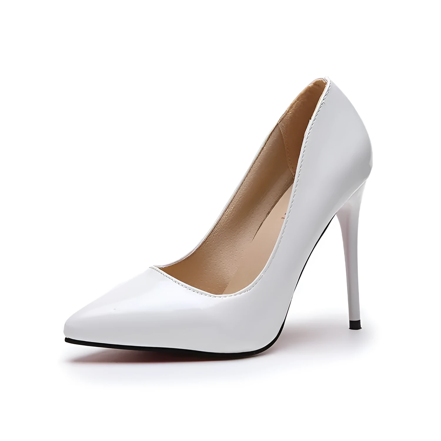 Women's high heel shoes with large heel, pointed toe, leather splicing, artificial PU vamp, solid colour, available in sizes 35-44
